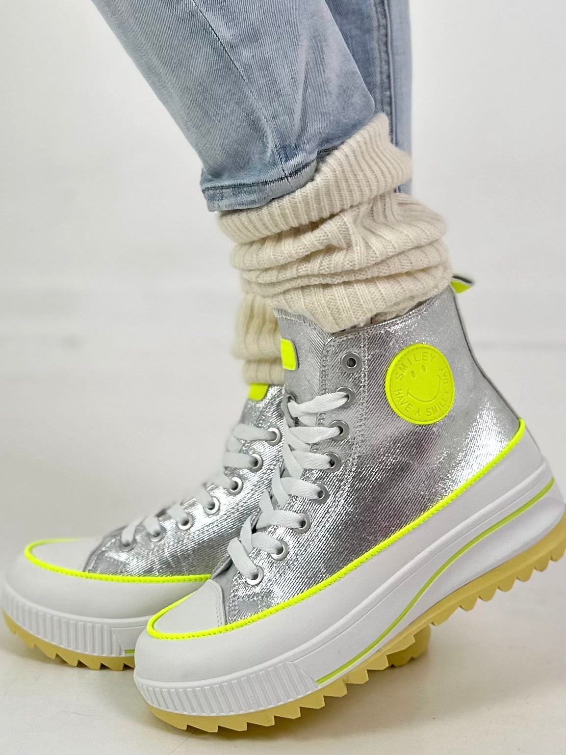 High-top sneaker model "Cat Boost" - silver-neon yellow
