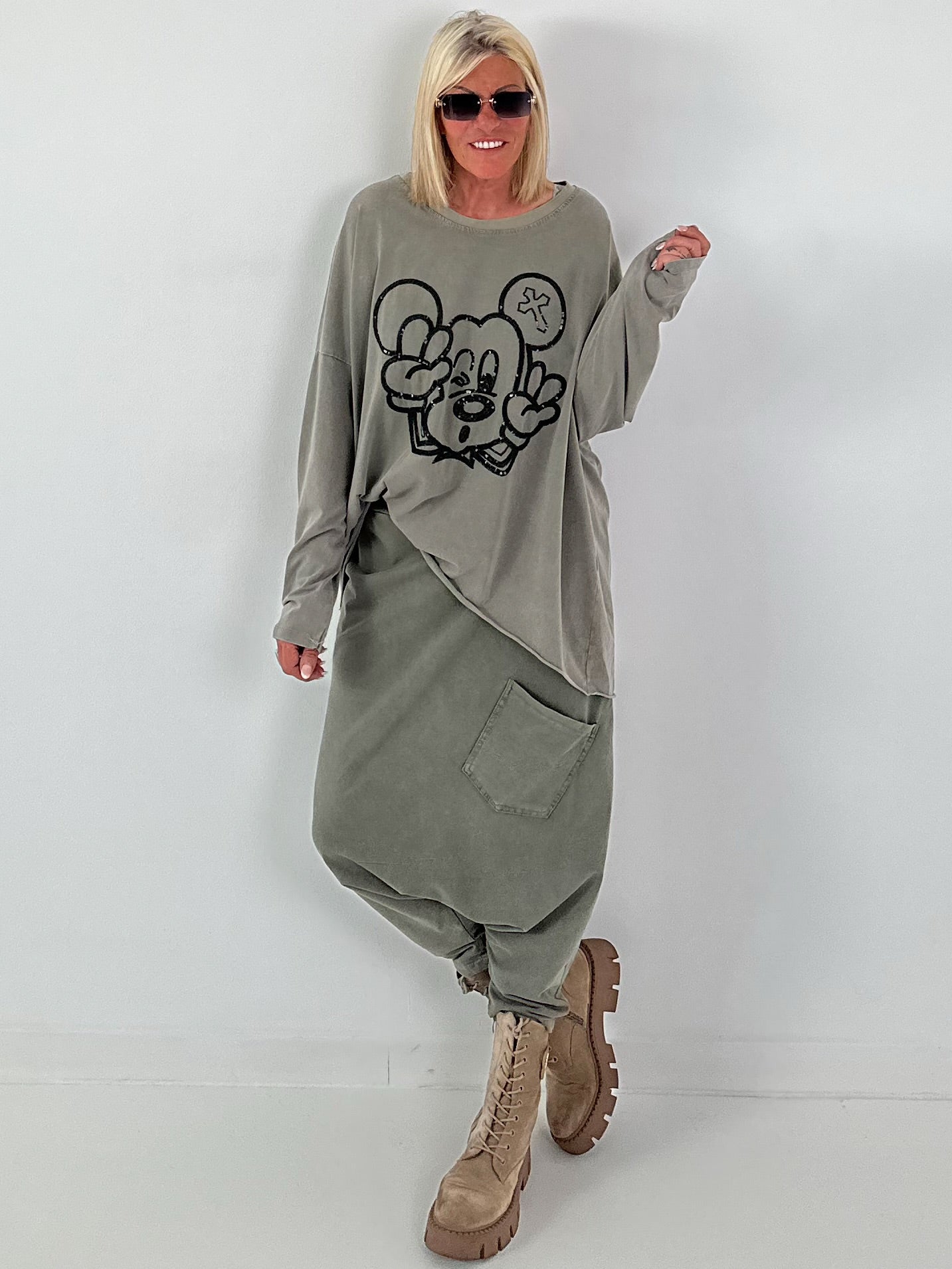 Oversized Sweater mit Paillettenprint - khaki