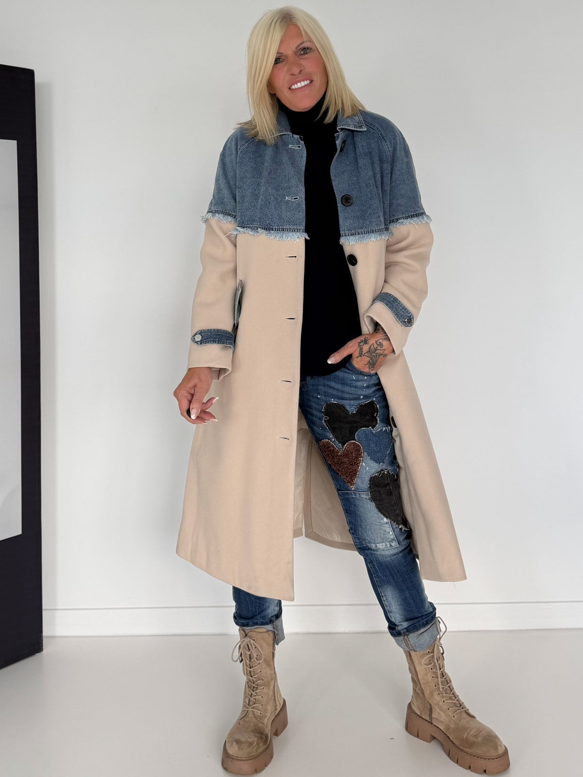 Mantel mit Denim-Einsätzen - denim-beige
