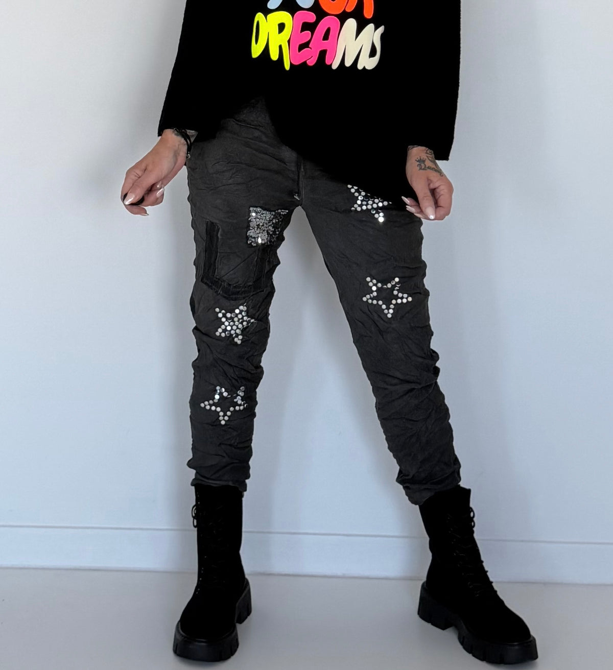 Hose im Materialmix - used-black