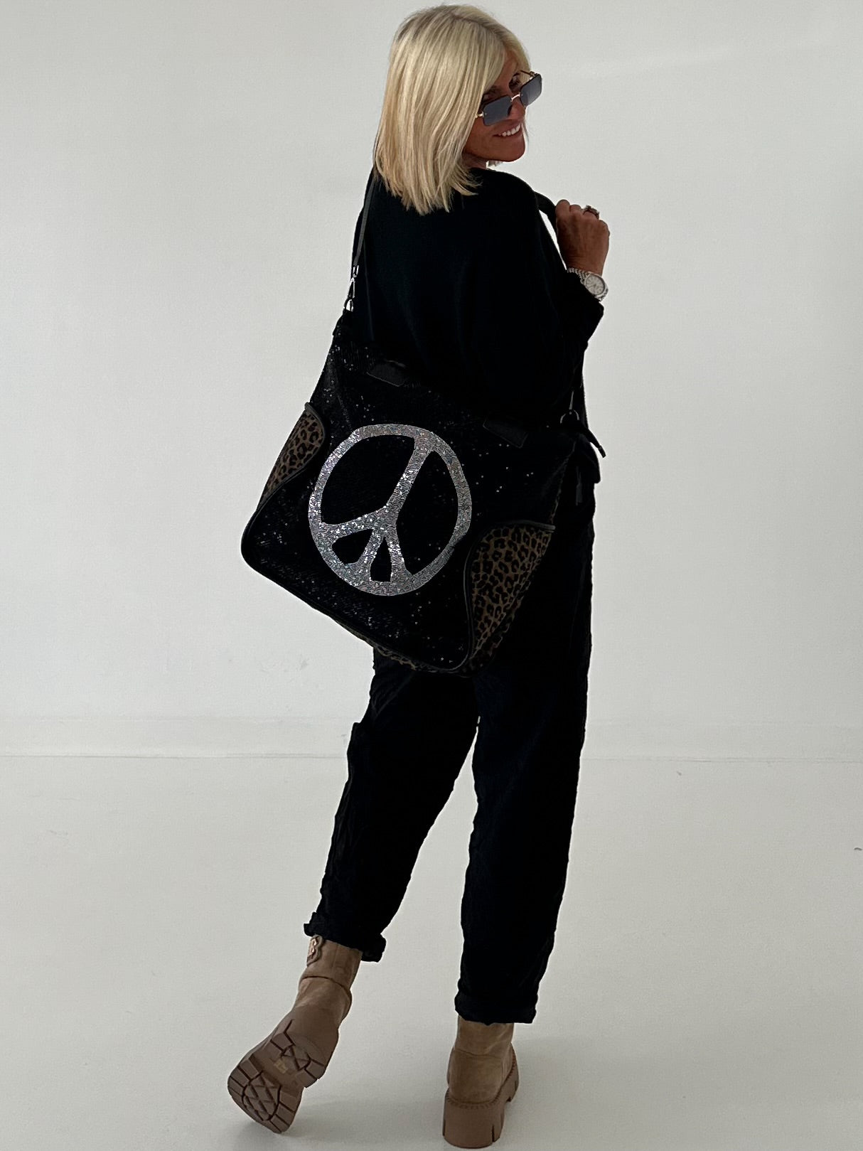 Stylish Canvas Bag with Genuine Leather Details Peace - black-silver-leopard chocolate