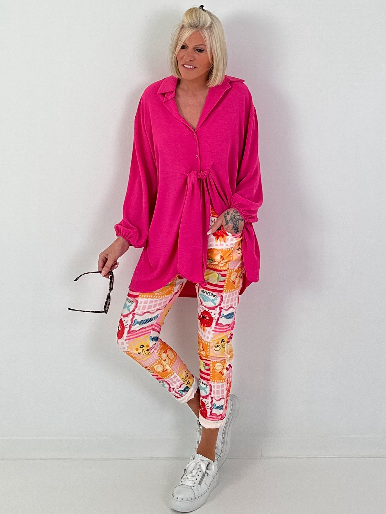 Lange blouse met strikband - roze