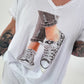 T-Shirt mit Schuhprint und Glitzerdetails - weiss-beige