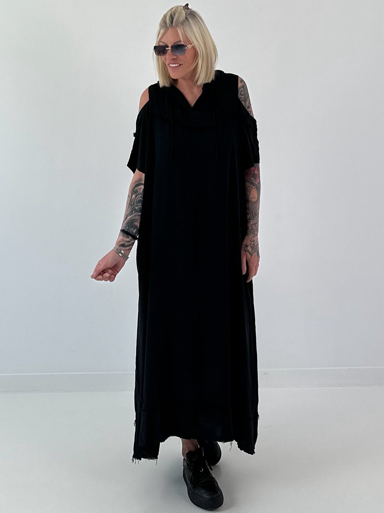 Black dress with cold shoulder and hood