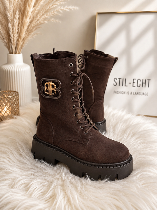 Bootie in Wildleder Optik mit derber Sohle - schoko