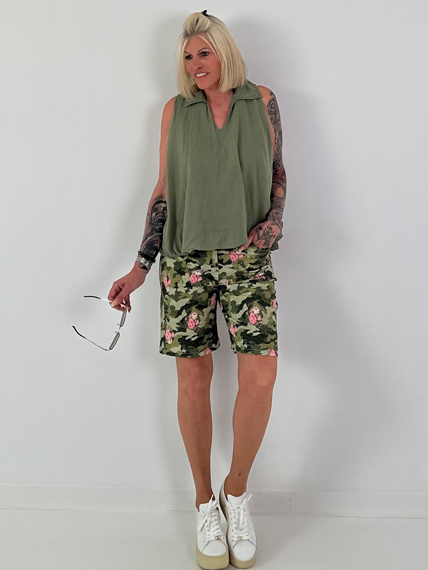 Ballon Blusen Top mit V-Neck - khaki