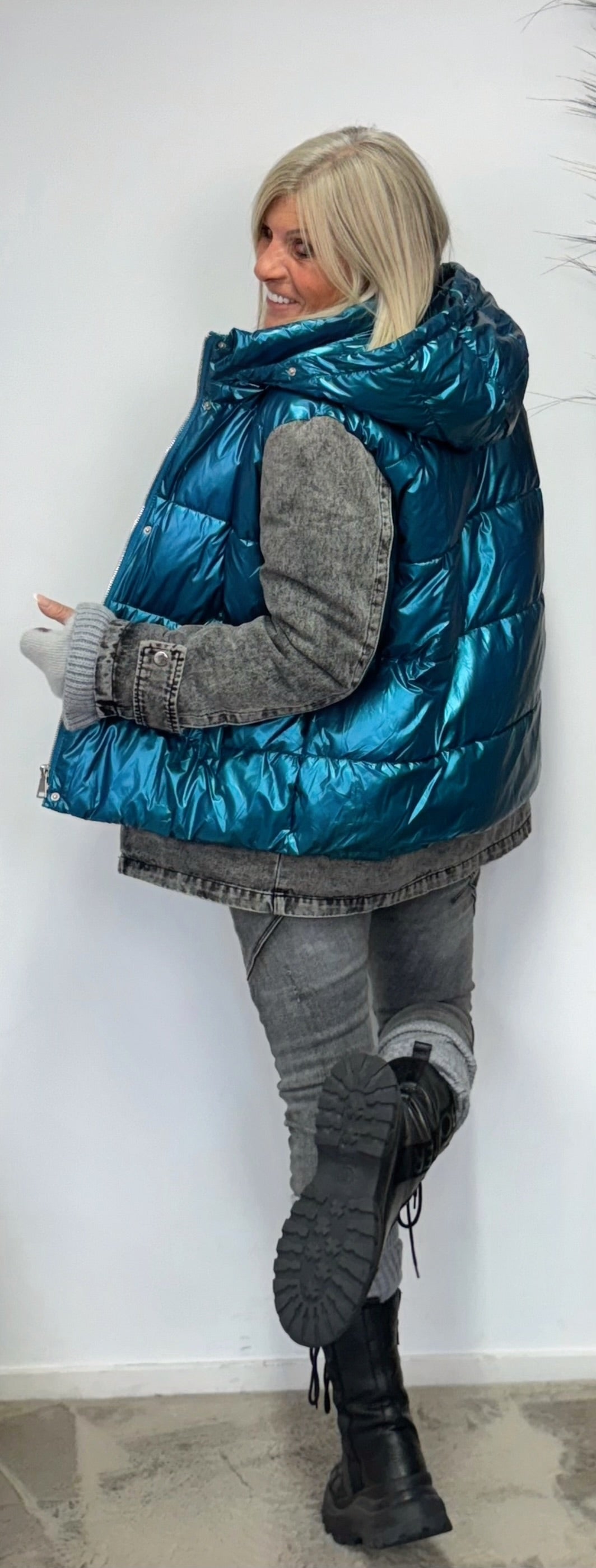 denim jacket with quilted vest - silver-grey