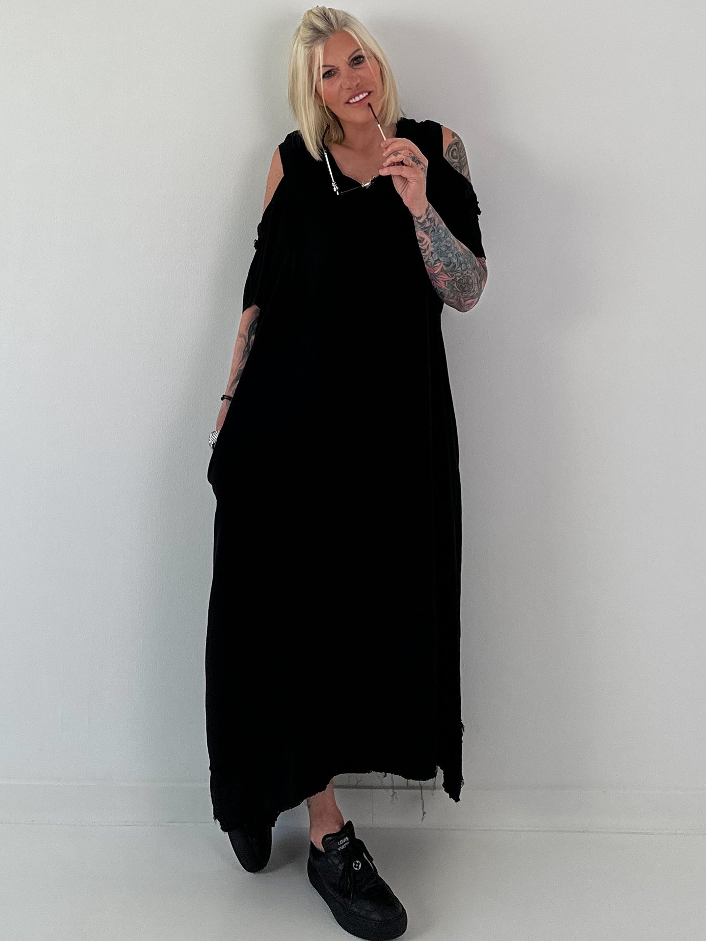 Black dress with cold shoulder and hood