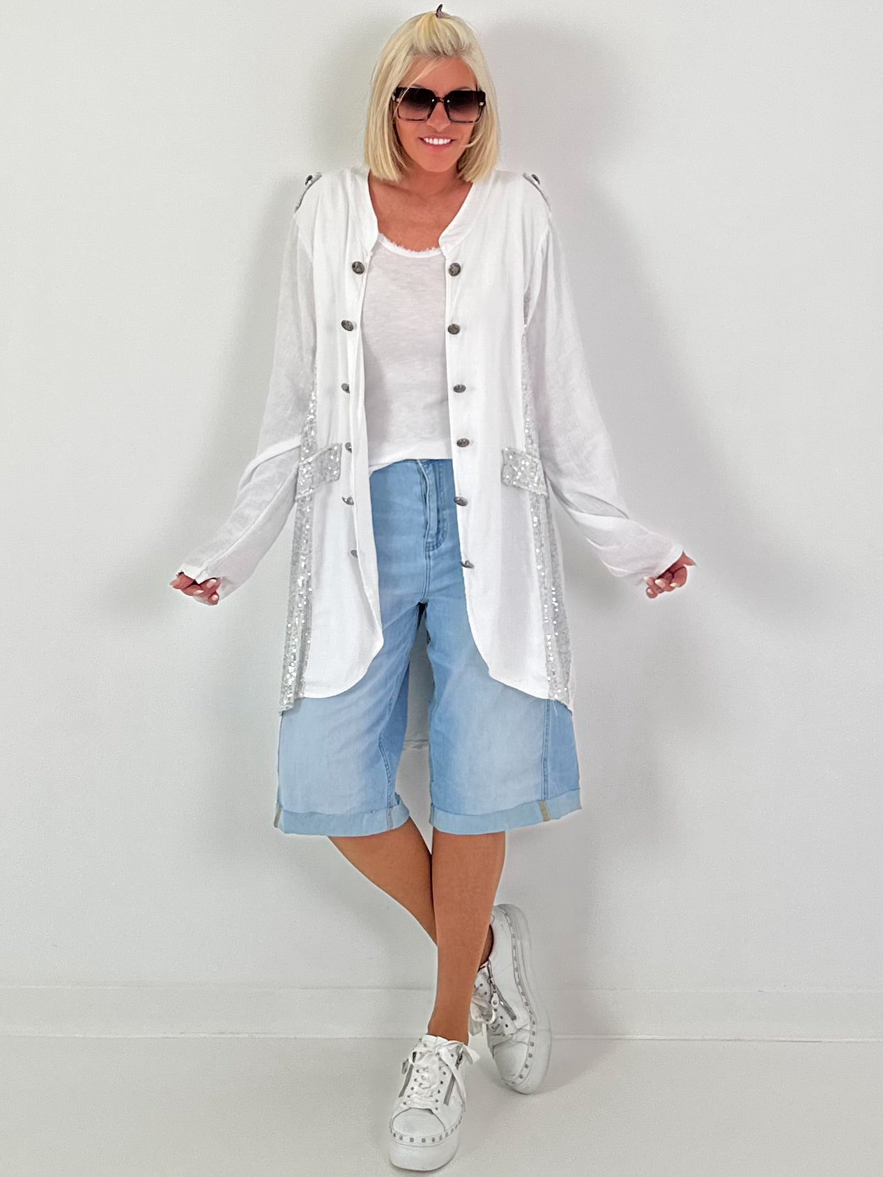 Oversized Leinen-Military Blazer - weiss