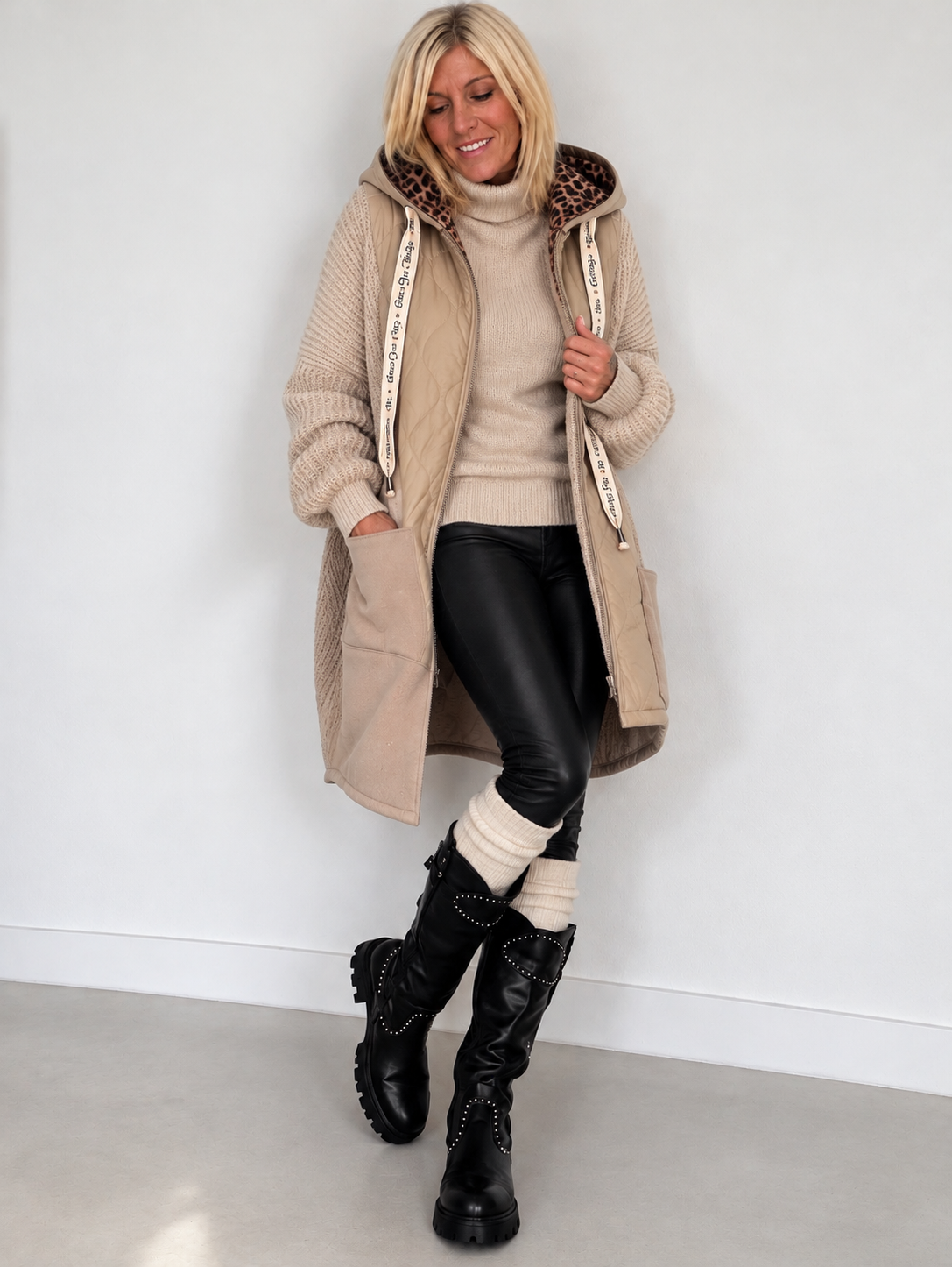 Oversized Jacke im Materialmix - beige