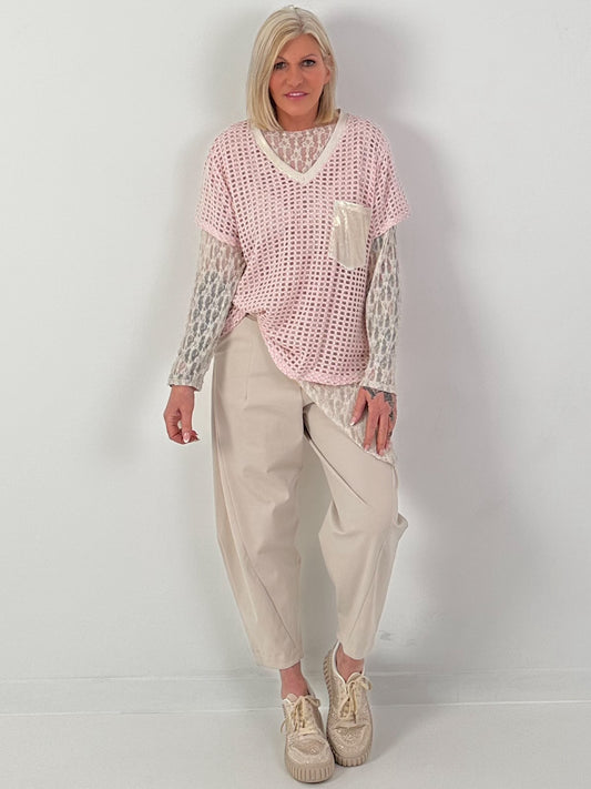 Häkelshirt mit V-Ausschnitt - rosa