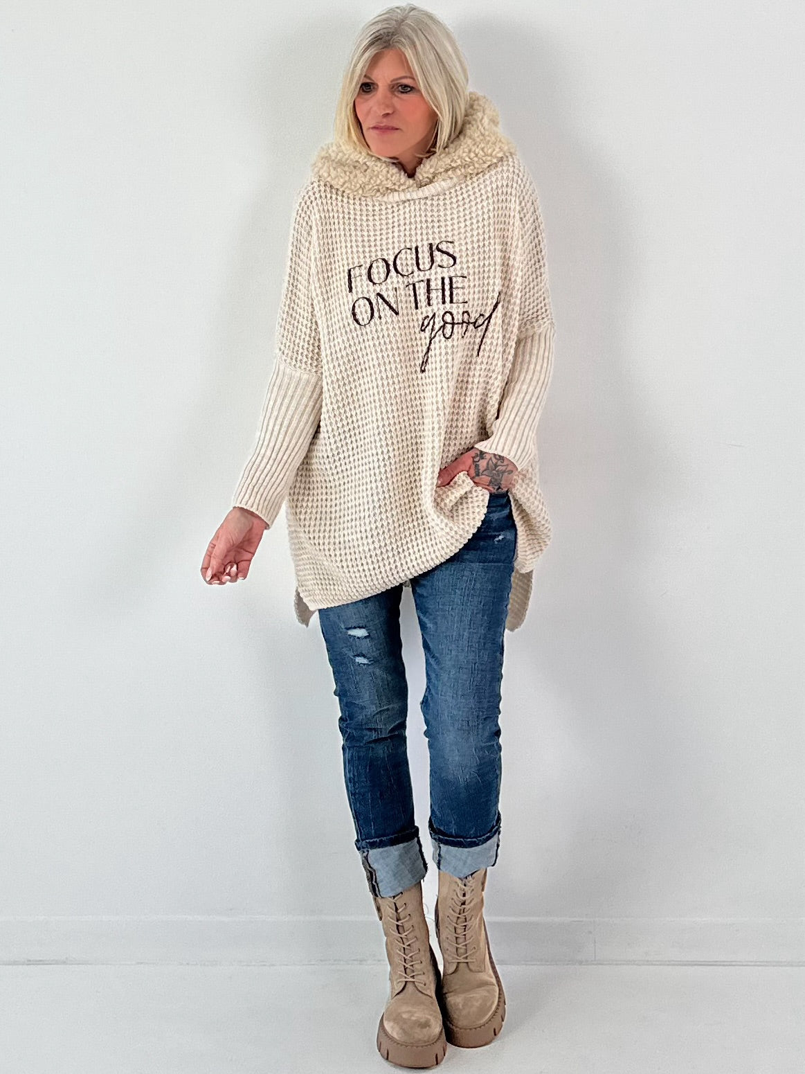 Pullover mit Teddy Kapuze Modell "Good Focus" - beige