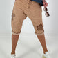 Short baggy shorts with crocheted flowers and sequins - camel