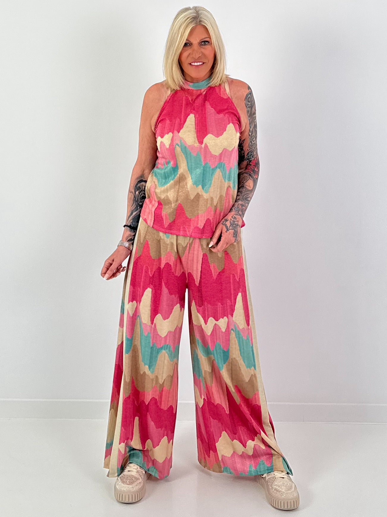 Two-piece with pattern and Lurex - pink-turquoise-beige