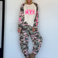 Sweater with camouflage sleeves and 3D print - beige-olive-multi-coloured