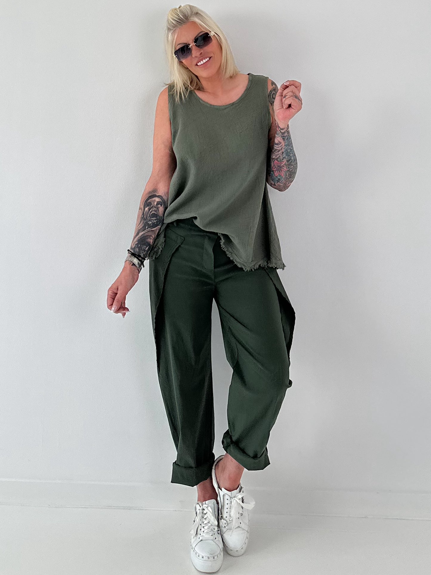 Grobes Leinen/Baumwoll Top - oliv