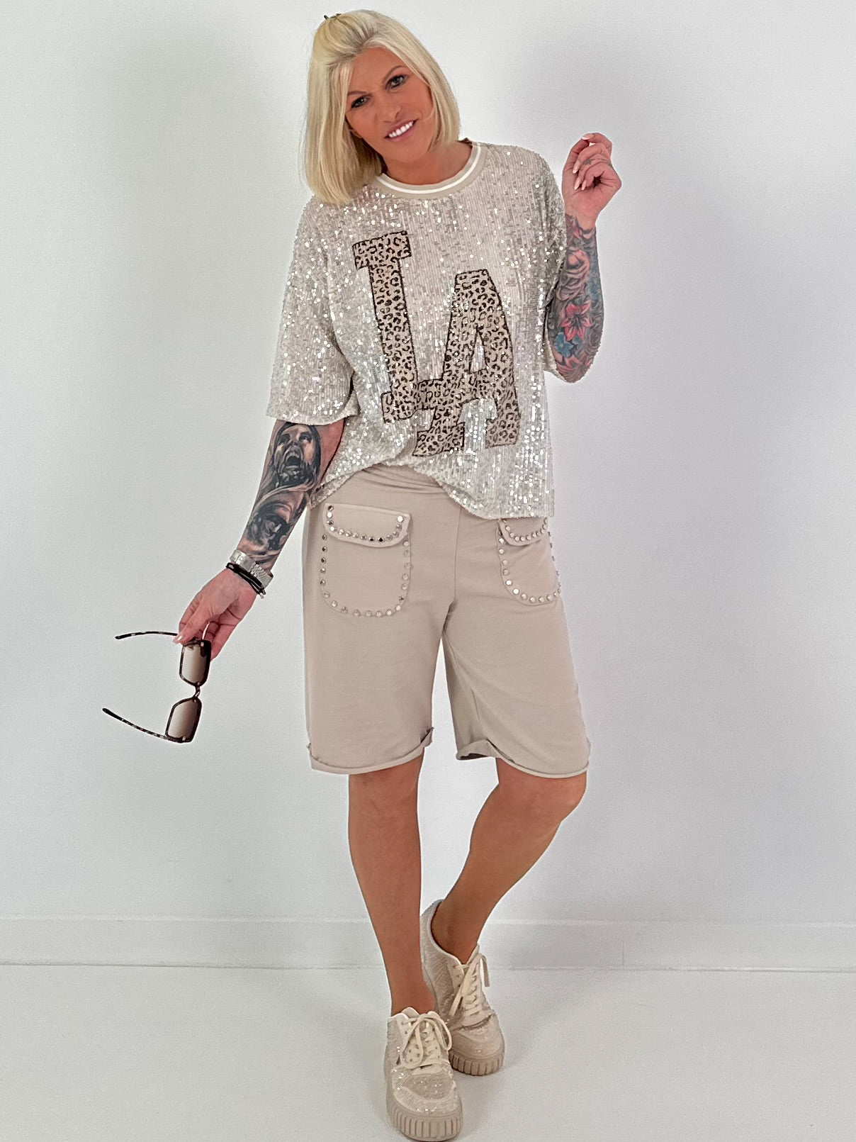 Pailletten Shirt LA - beige-silber