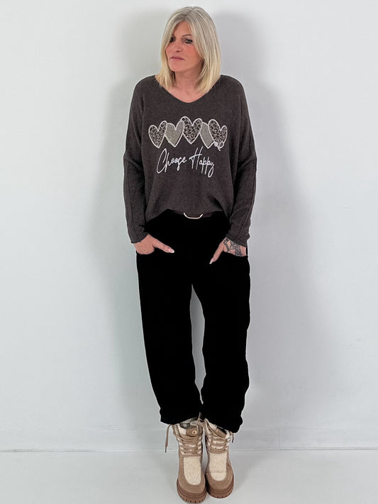 V-hals trui model "Choose Happy" - koffie