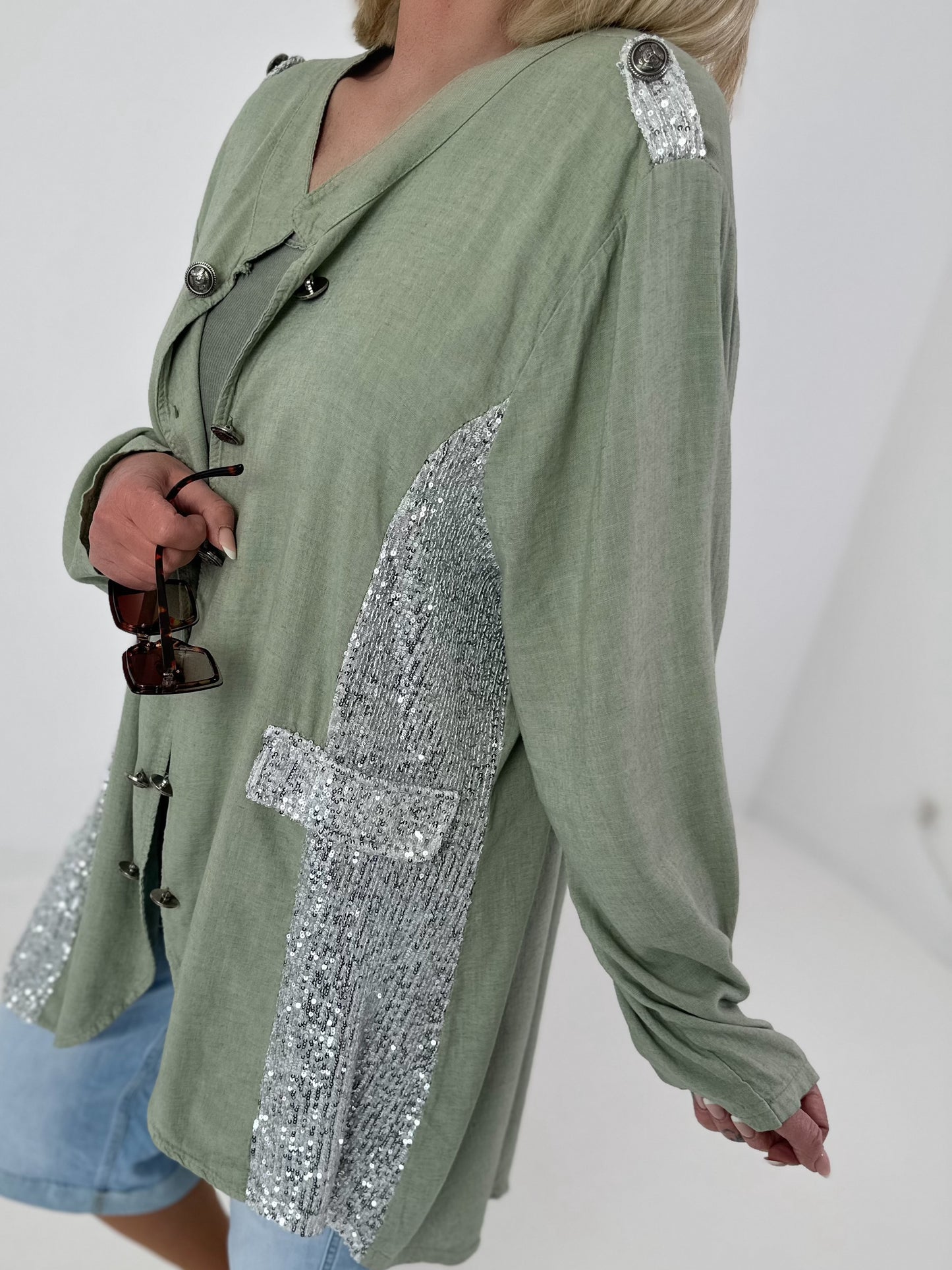 Oversized Leinen-Military Blazer - khaki