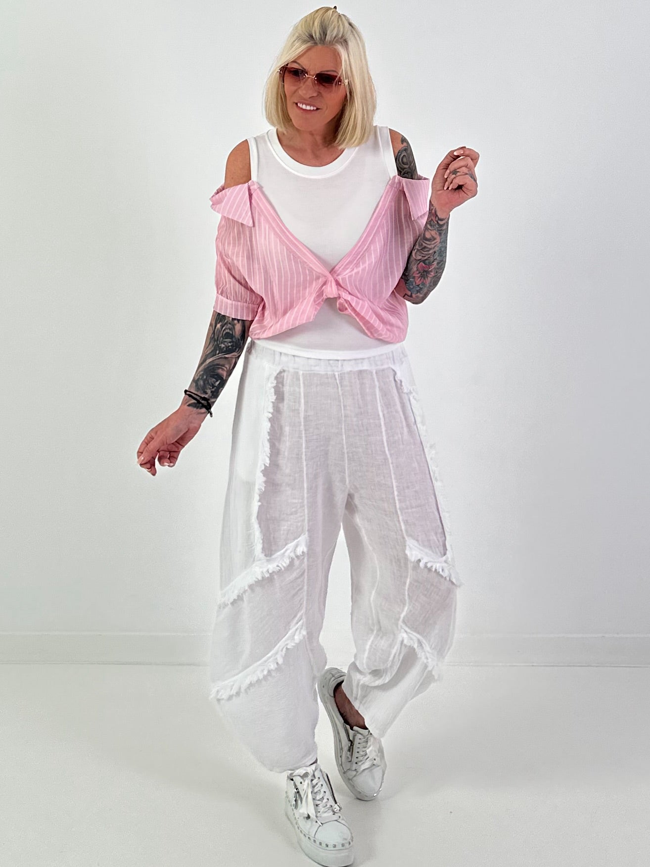 Ribbed Top with Blouse Layering - white-pink