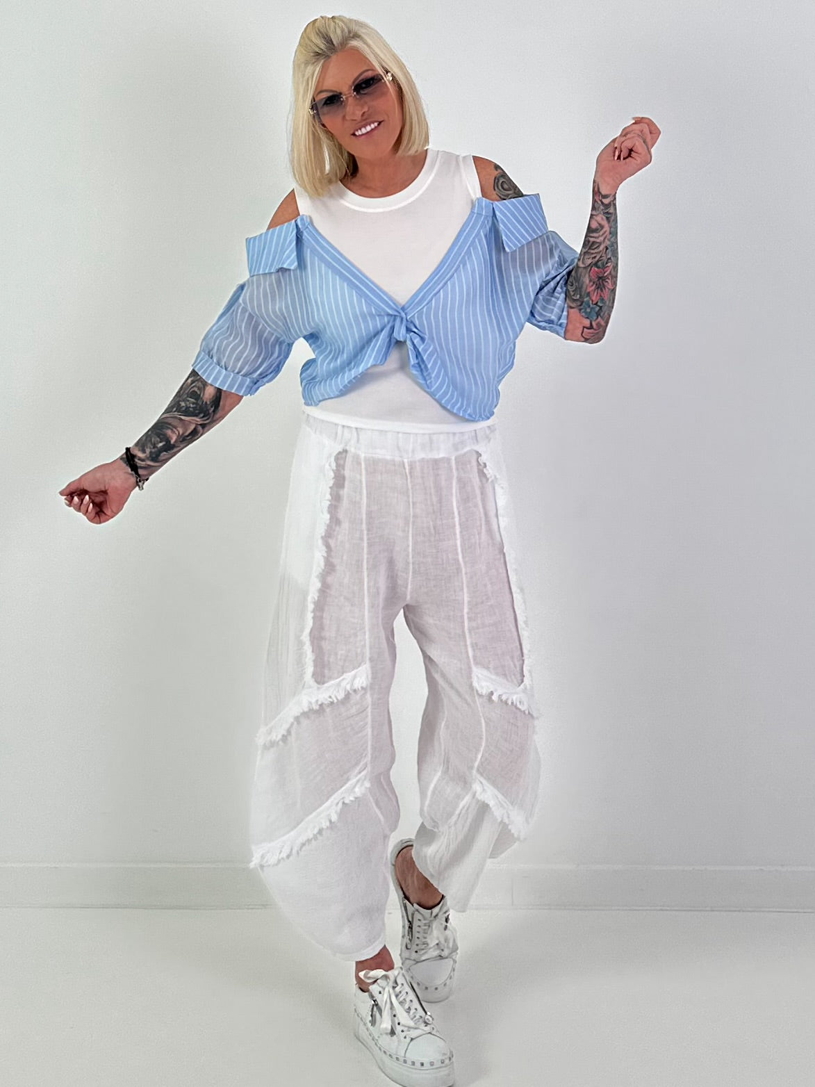 Ribbed top with blouse layering - white-light blue
