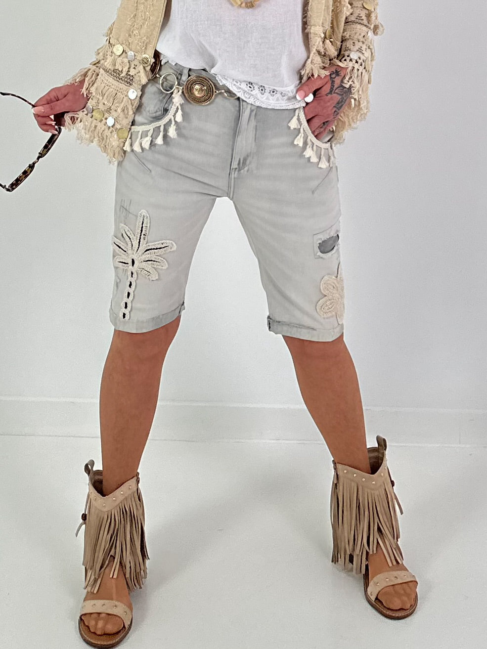 Jeans Shorts with Crochet Patches - Grey