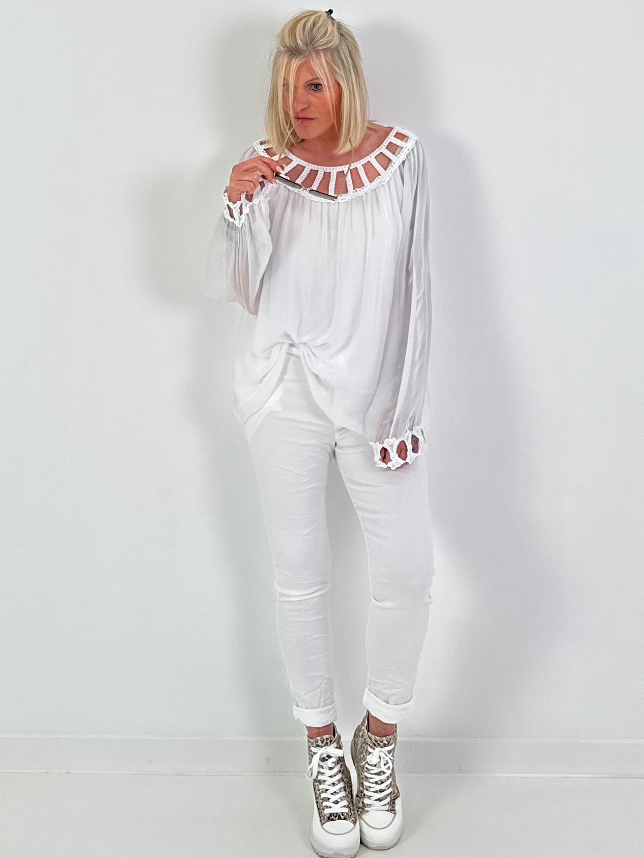 Silk Tunic with Crocheted Neckline - White