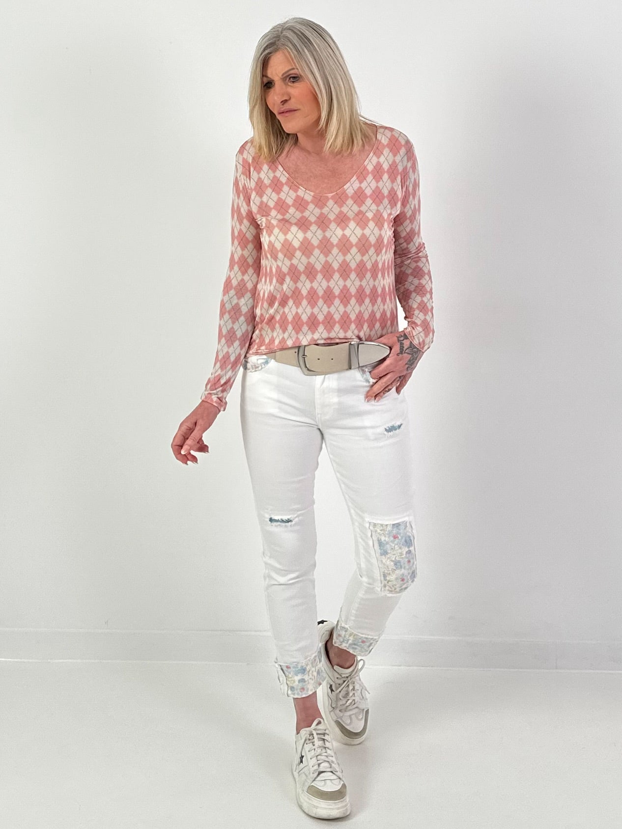 Shirt mit Rautenmuster - rosa-weiss