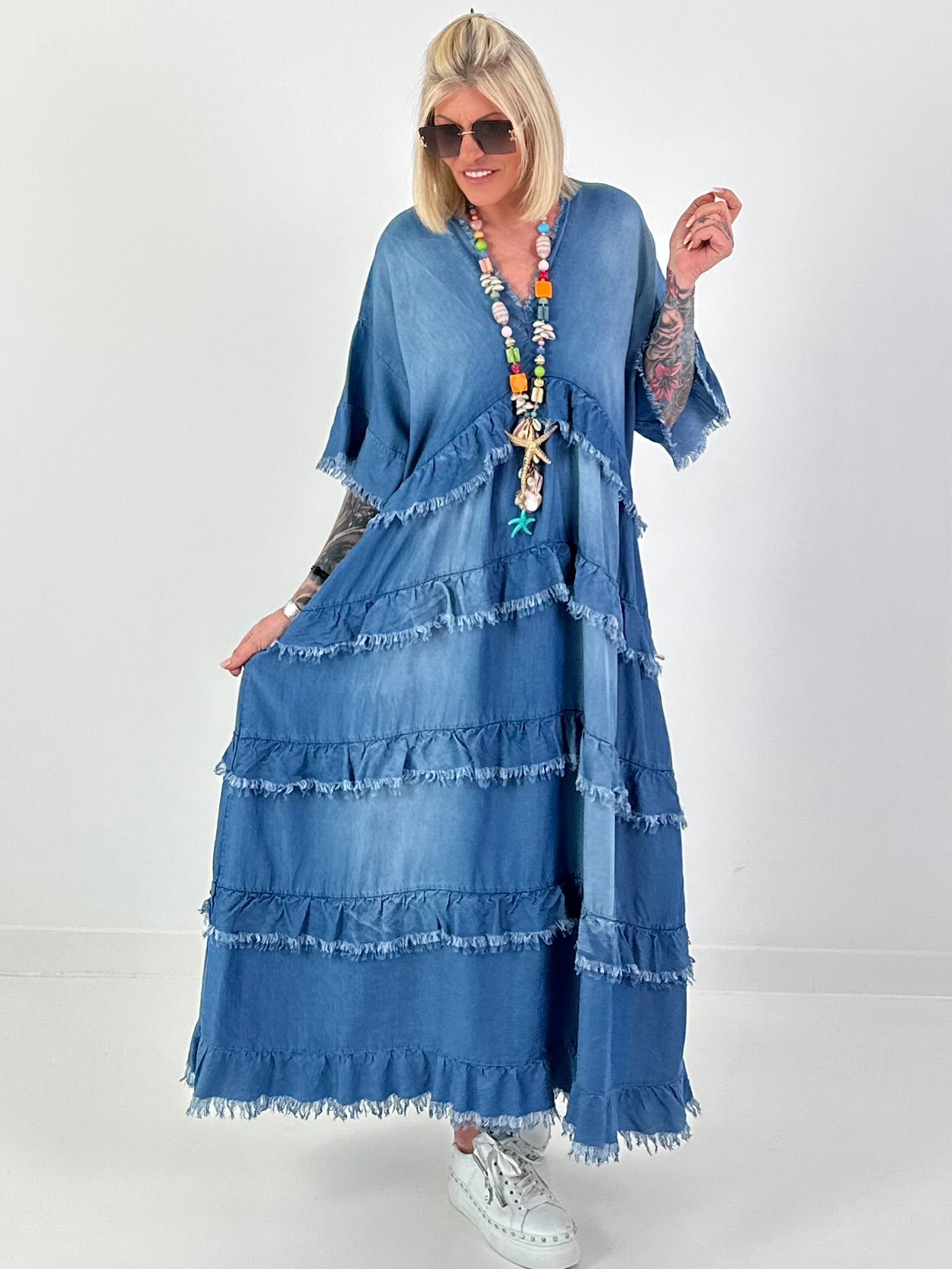 Dark blue ruffled denim dress