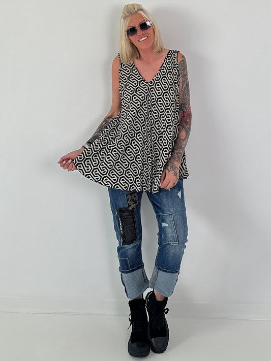 Plissee Long Top mit Grafik-Print - weiss-schwarz