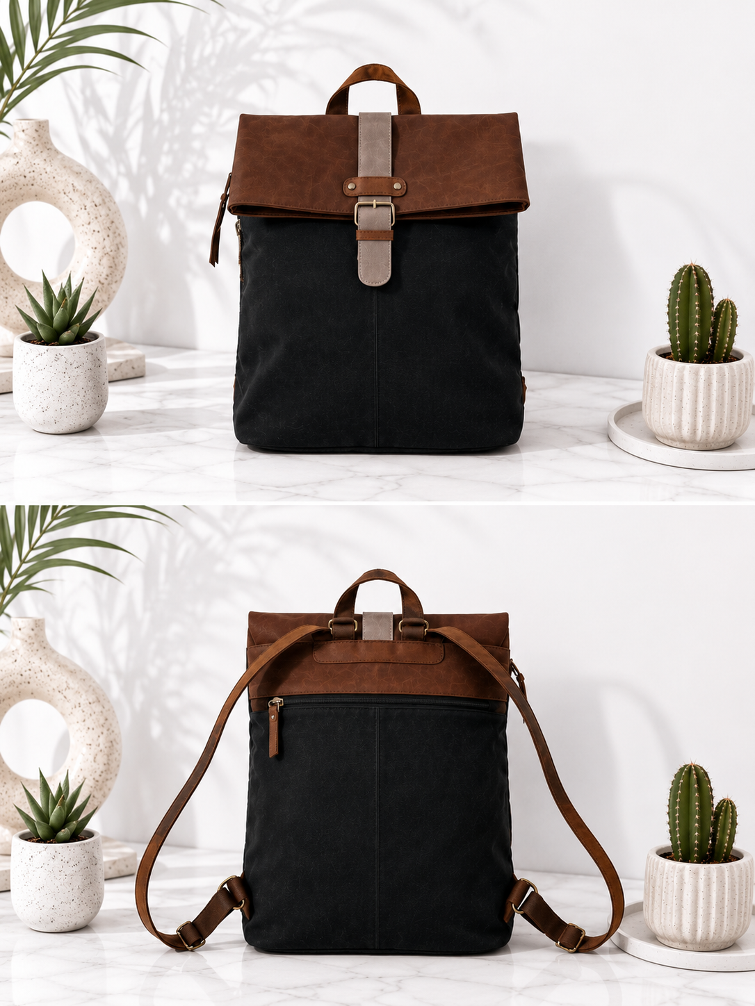 Backpack in vintage leather look - black