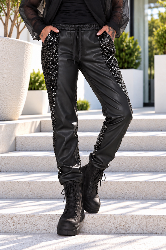Hose Materialmix mit Pailletten - schwarz