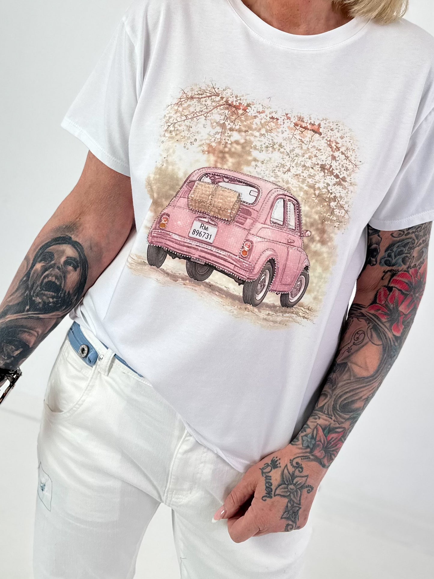T-Shirt Glitzer Car - weiss-rosa