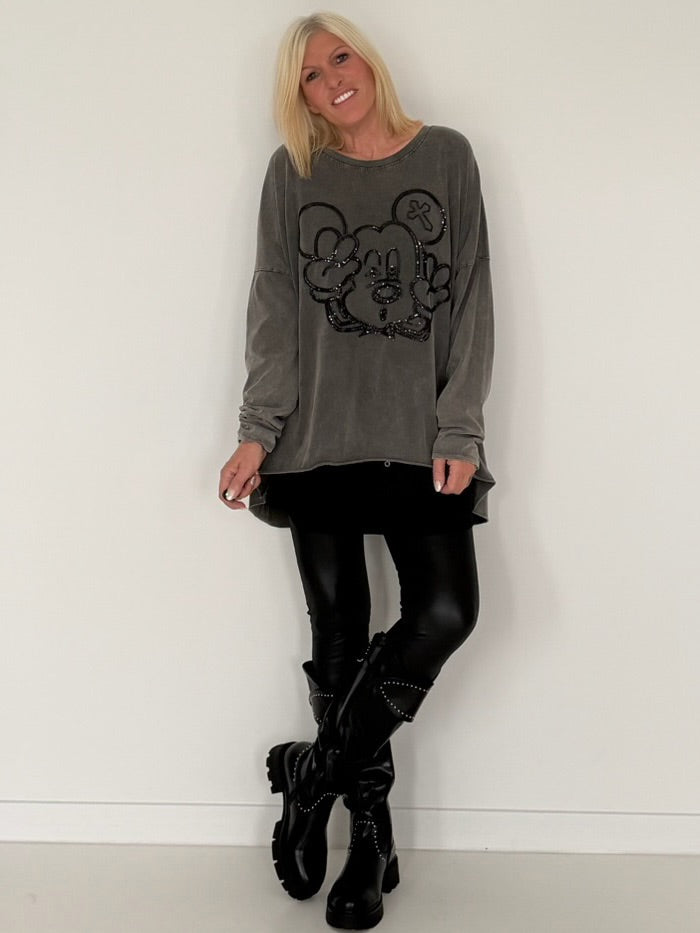 Oversized Shirt mit Paillettenprint - stone-washed-schwarz