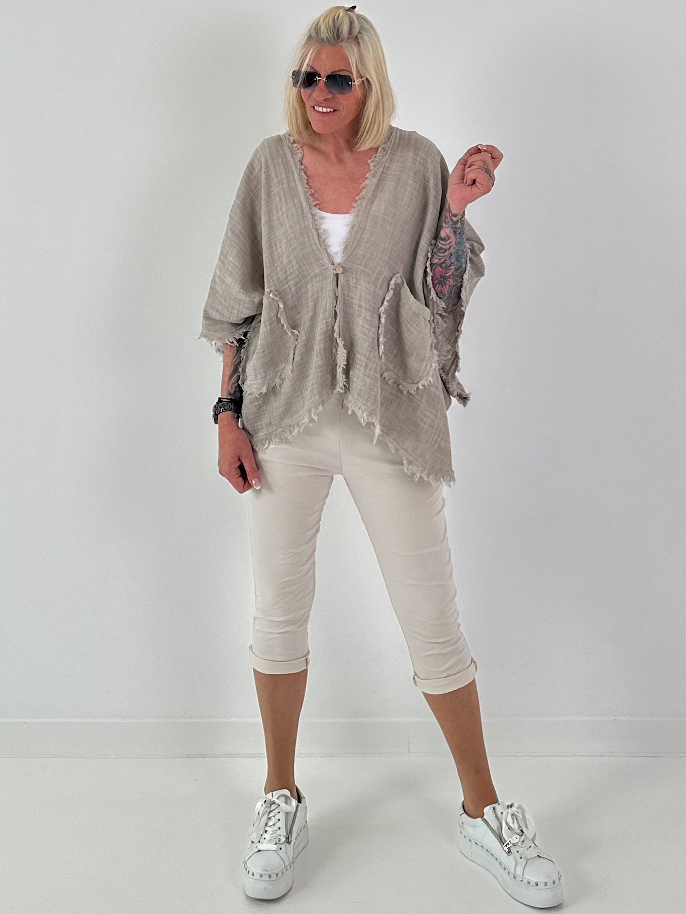 Leinen Poncho Jacke - beige