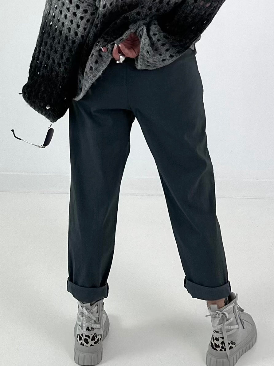 Trousers with elasticated waistband and button details - anthracite