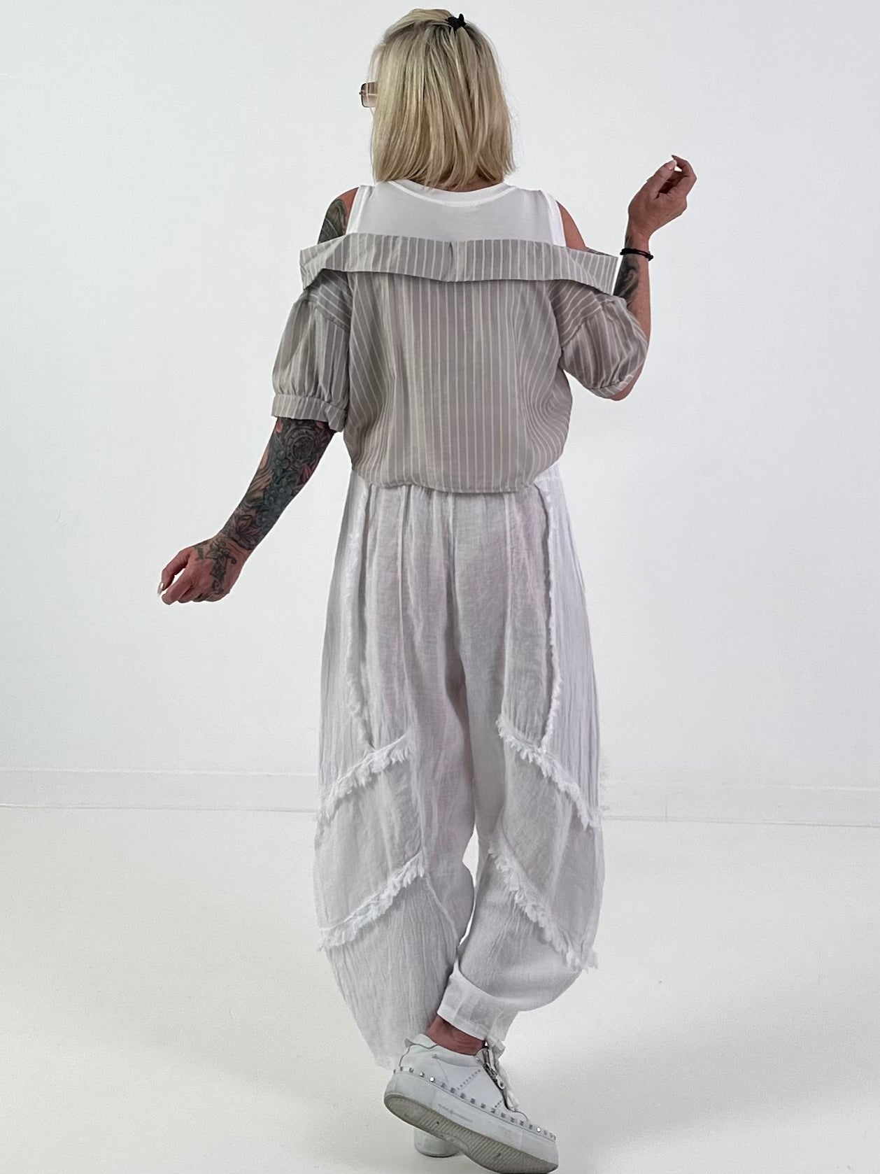 Rib Top with Blouse Layering - white-beige