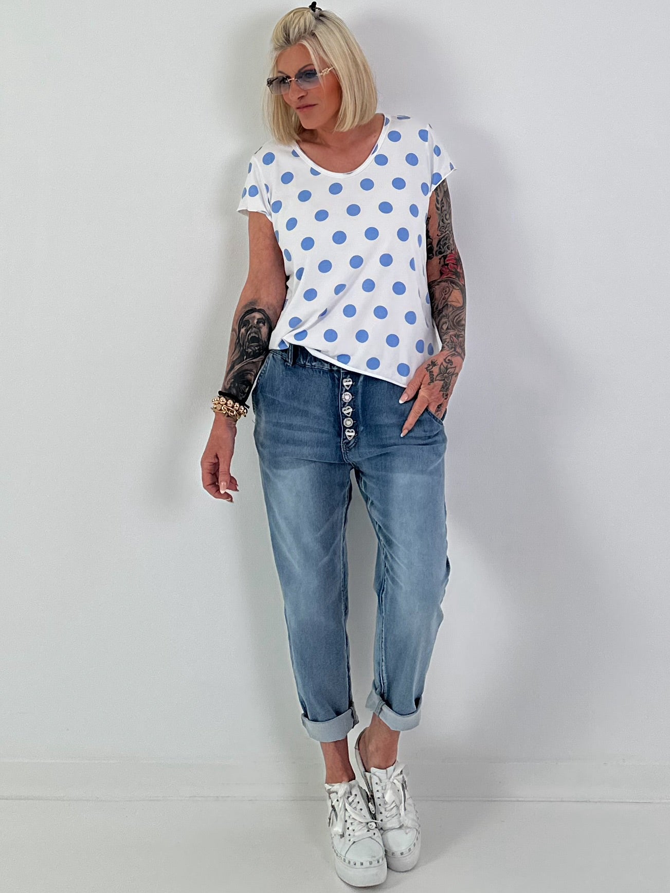 Polka dot t-shirt - white-light blue