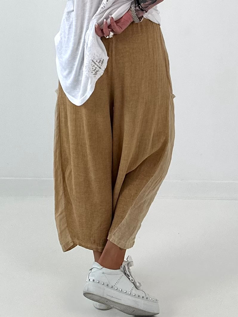 Balloon Linen Trousers with Fringe Details - taupe