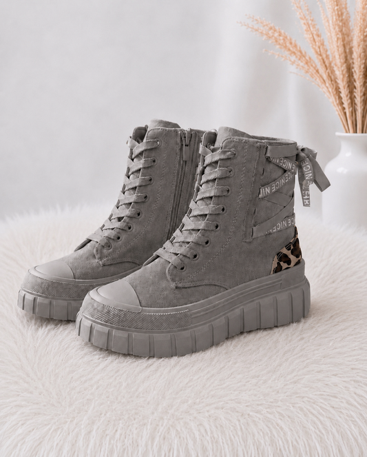 High-Top Sneakers in Suede Look - Grey Leopard Print