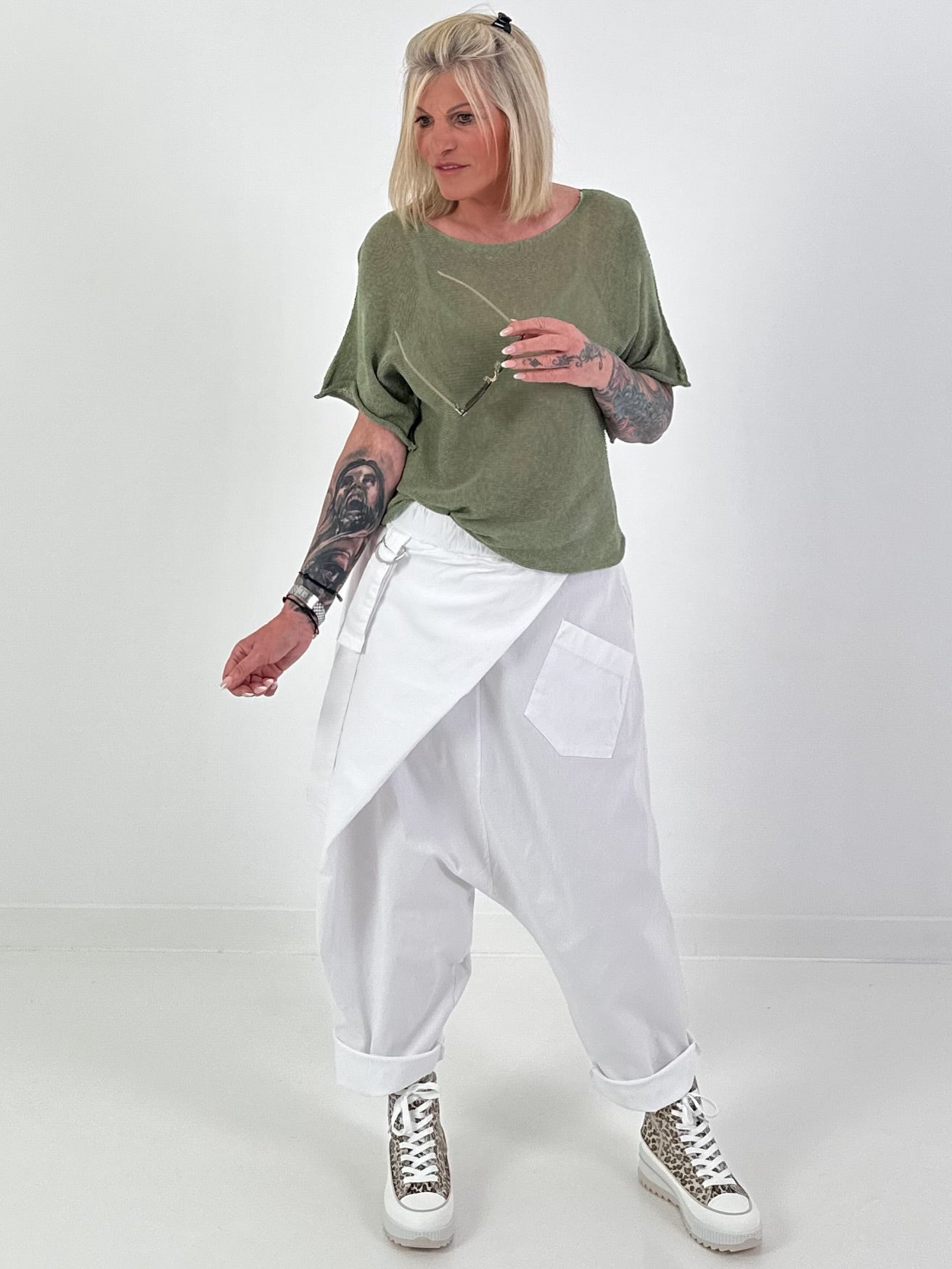 Summer knit sweater with short sleeves - khaki