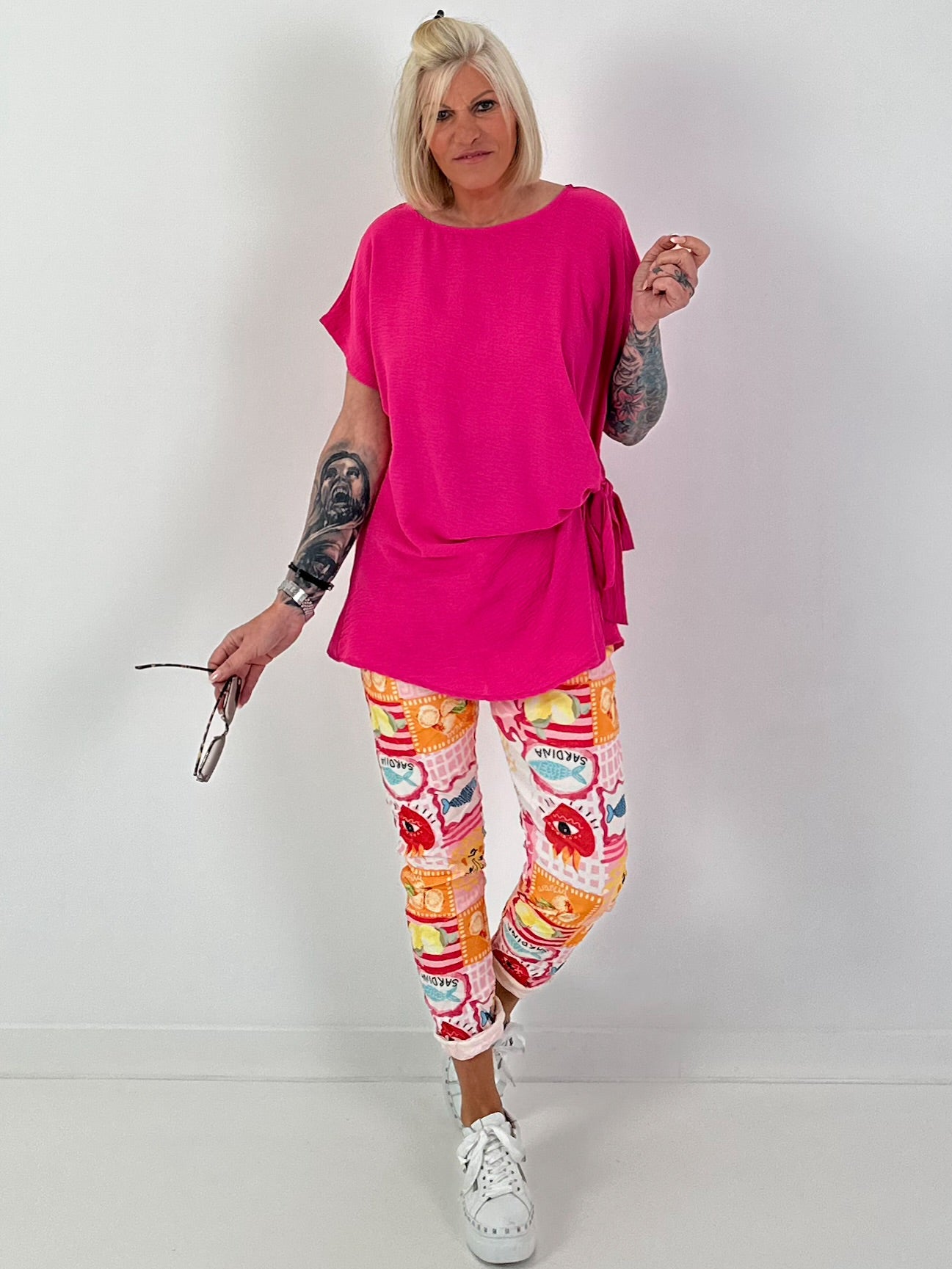 Blusenshirt mit seitlichem Bindeknoten - pink