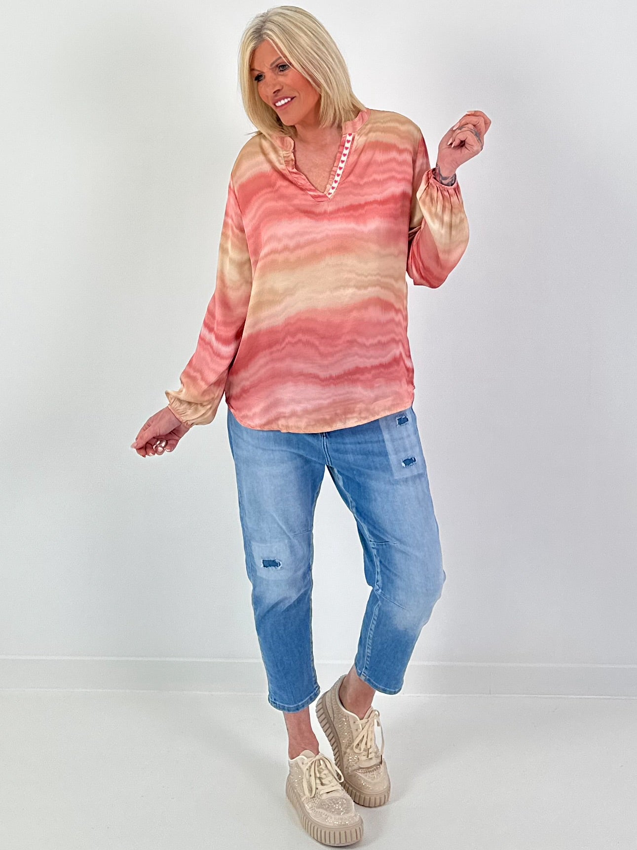 Silk tunic with colour gradient and heart details - pink-multicoloured