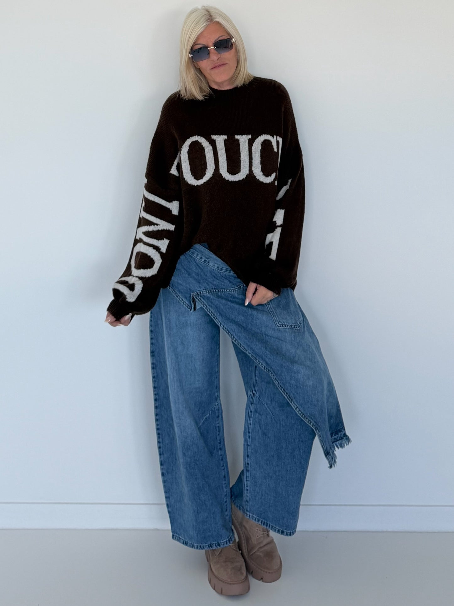 Oversized Strickpullover Dont Touch Me - mokka-weiss