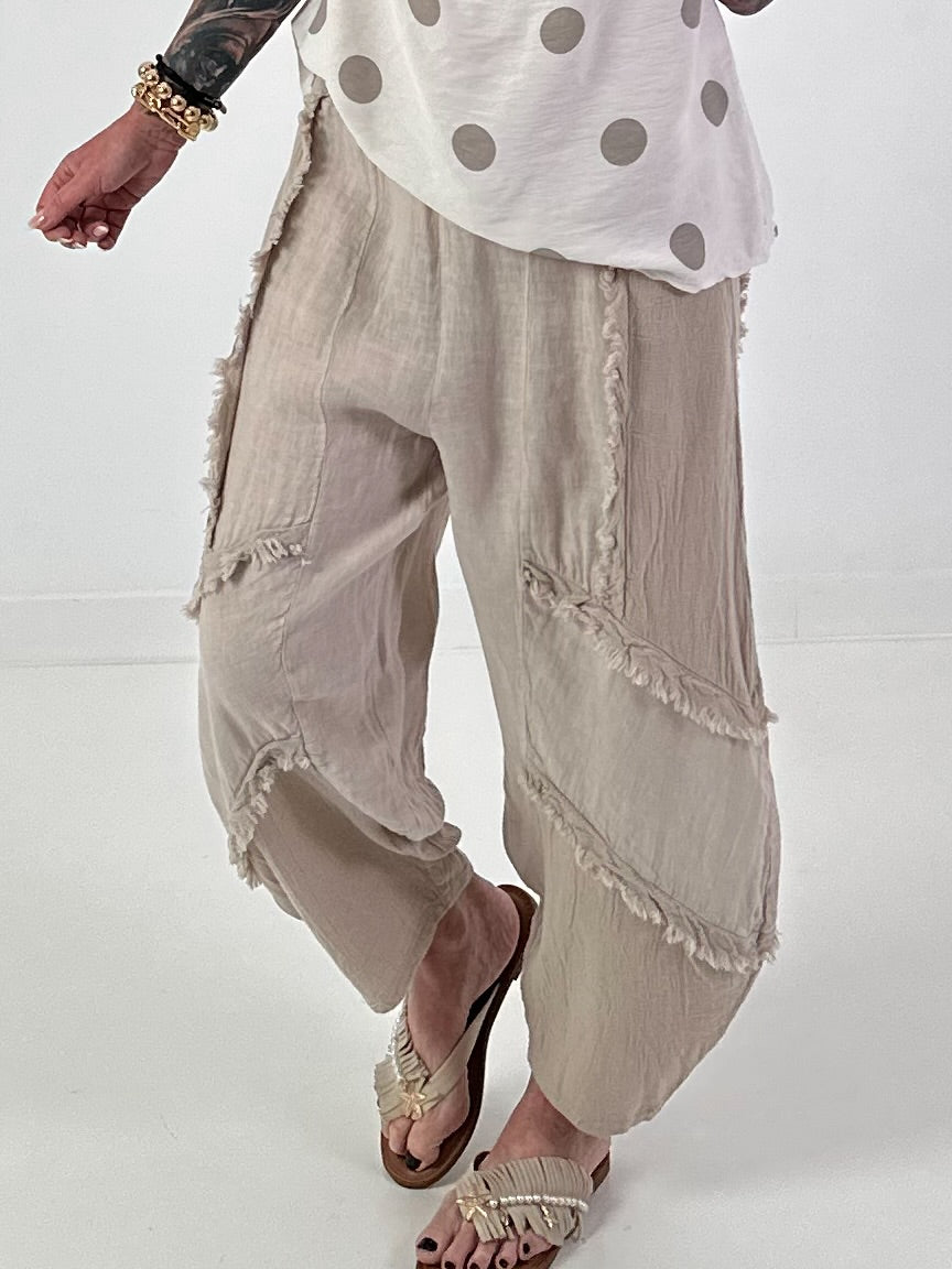 Balloon Linen Trousers with Fringe Detail - Beige
