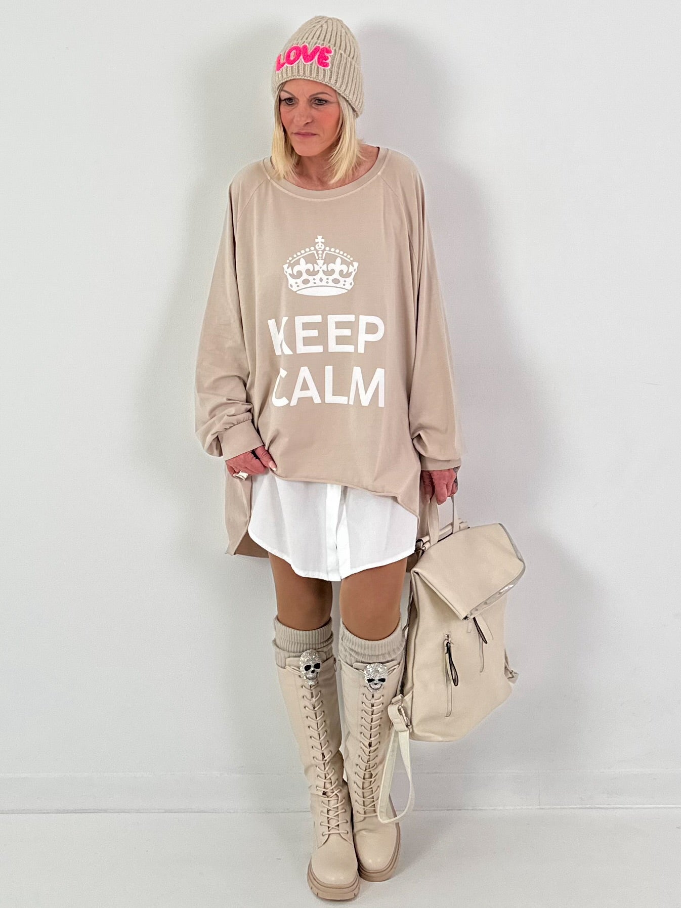 Oversized shirt model "KEEP CALM" - beige