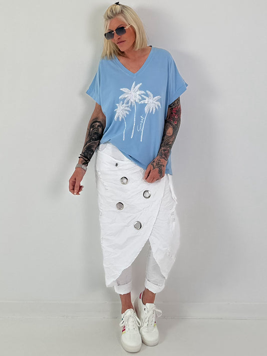 T-Shirt mit Glitzerpalmen - hellblau