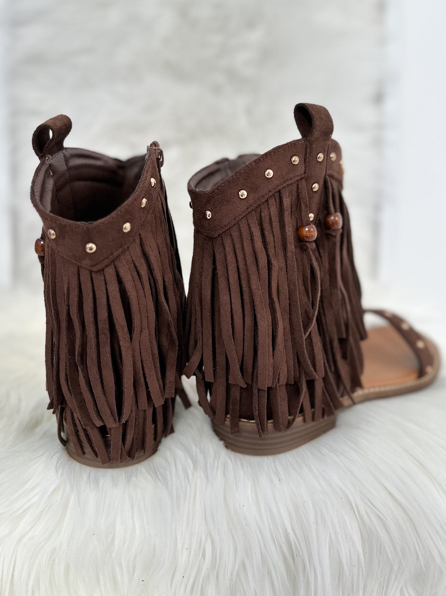 Boho Sandals with Fringes - dark brown