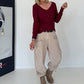Geribd T-shirt met gerafelde V-hals - bordeauxrood