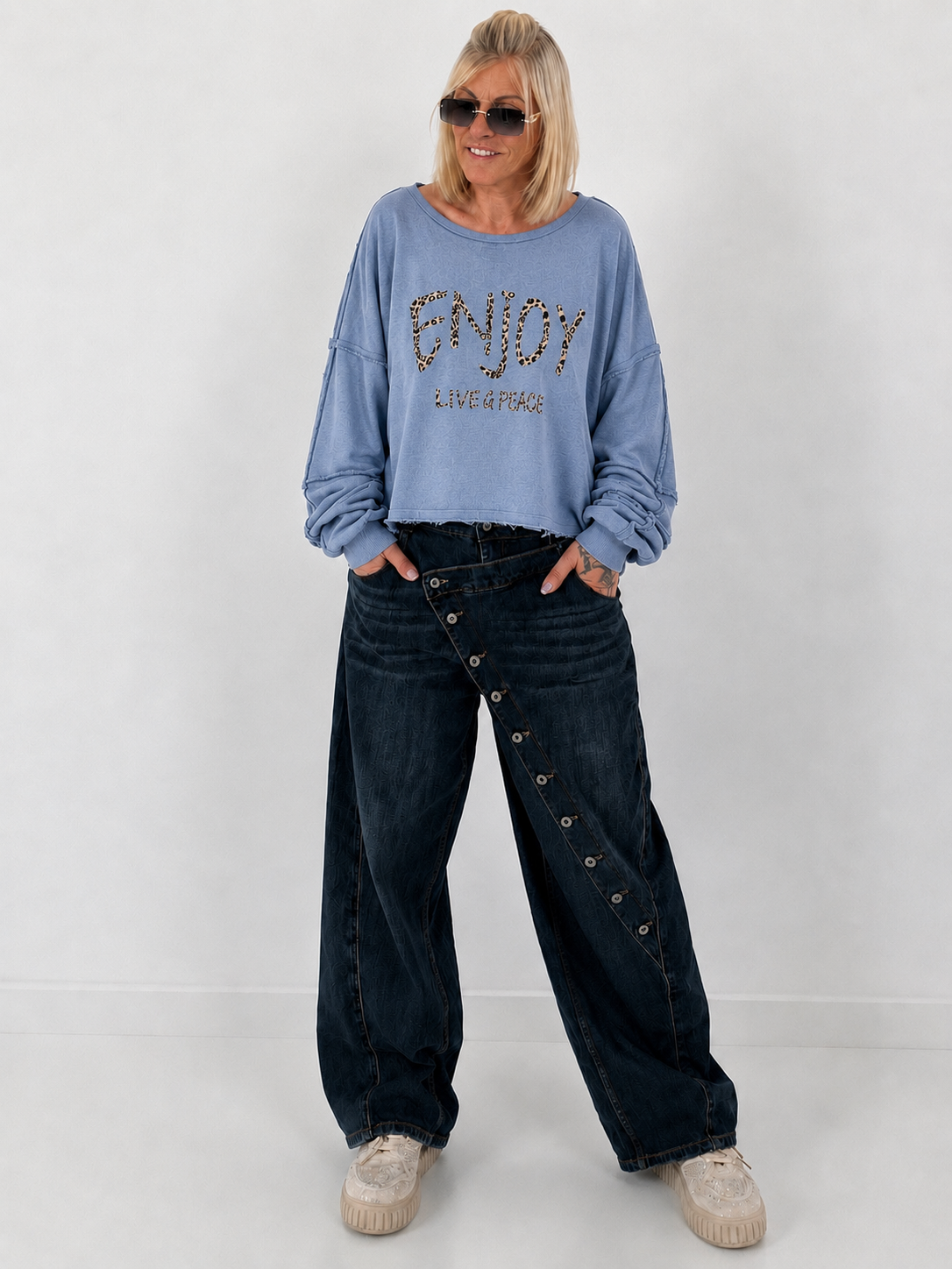 Sweater mit Linksnähten und Print - jeansblau
